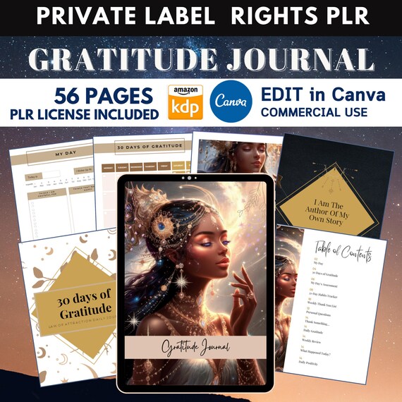 PLR Resell Gratitude Journal for Black Girl KDP Canva Planner Editable Template Self Love Manifestation Gratitude Resell Rights Printable