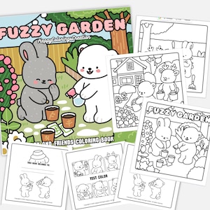 Fuzzy Garden bold and easy PDF coloring book for adults and teens with Cute and Adorable Animals in Comfy Garden Scenes colouring pages