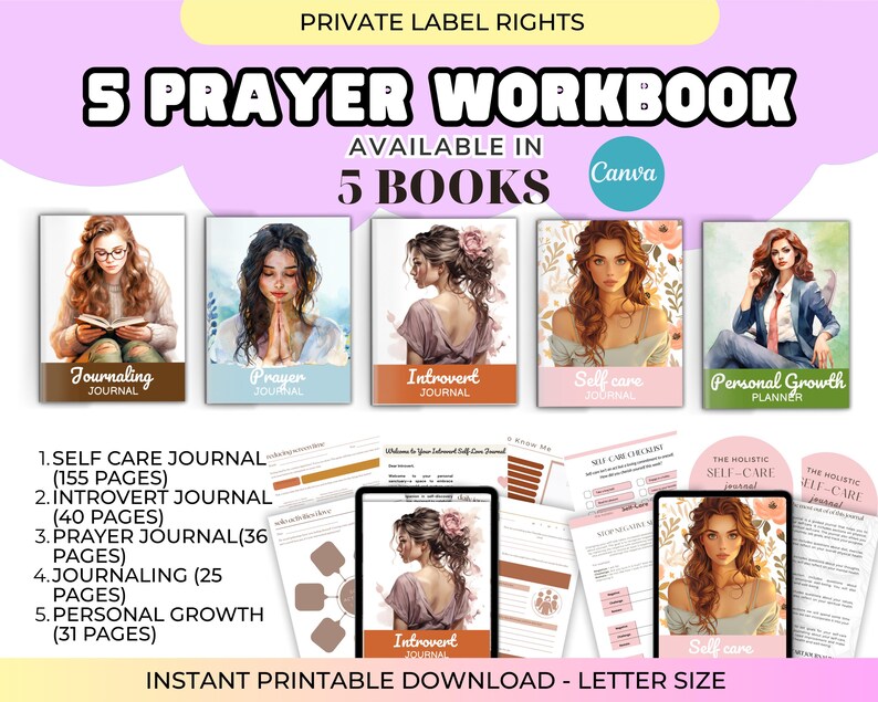 PLR Self Growth Journal Bundle: 300+ Page Canva Editable, KDP Interior, Printable Prayer, Gratitude & Self-Care Templates w/ Resell Rights