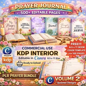May include: A collection of prayer journals and planners with floral designs. The image includes open books, a rosary, and text that reads "Prayer Journal" and "500+ Editable Pages." The journals are 8.5 x 11 inches.