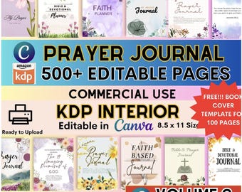 May include: A digital product bundle for creating prayer journals. The bundle includes 500+ editable pages, a book cover template, and is compatible with Canva. The image features a variety of colorful journal covers with floral designs and inspirational quotes.
