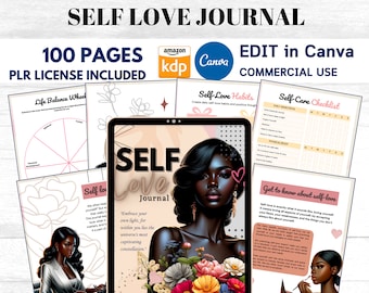 PLR Self Love Journal for Black Girl, Resell Rights Canva Editable Template for KDP, Self Care, Sleep Tracker, Mood Tracker, Commercial Use