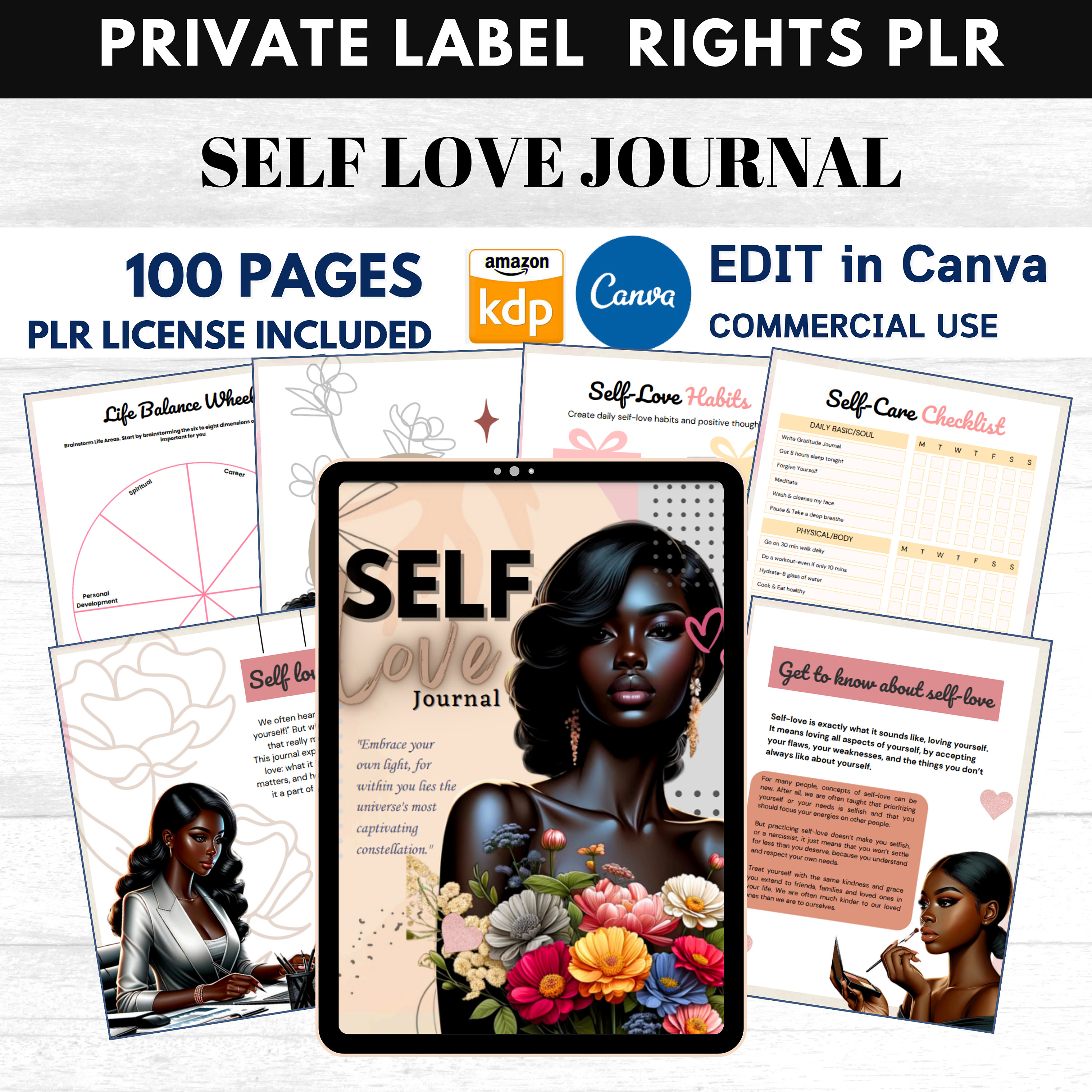 PLR Self Love Journal for Black Girl, Resell Rights Canva Editable ...