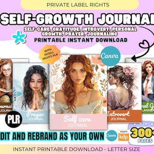 PLR Self Growth Journal Bundle: 300+ Page Canva Editable, KDP Interior, Printable Prayer, Gratitude & Self-Care Templates w/ Resell Rights