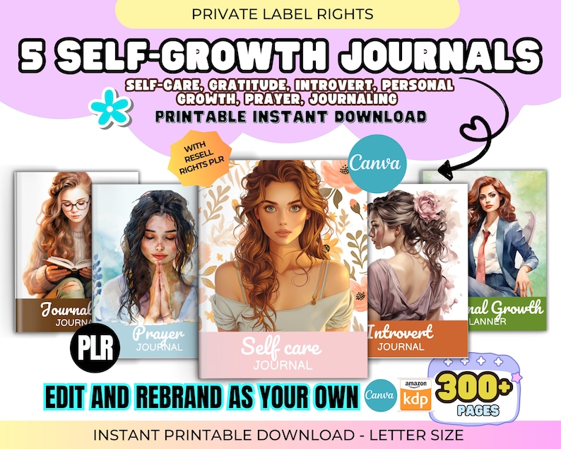 PLR Self Growth Journal Bundle: 300+ Page Canva Editable, KDP Interior, Printable Prayer, Gratitude & Self-Care Templates w/ Resell Rights