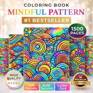 Op de afbeelding: Een kleurrijk kleurboek getiteld "Mindful Pattern" met de tekst "#1 BESTSELLER". De omslag heeft een levendig abstract ontwerp in tinten blauw, geel, oranje en paars. Het boek is gelabeld met "1500 PAGINA'S" en "Premium Edition".