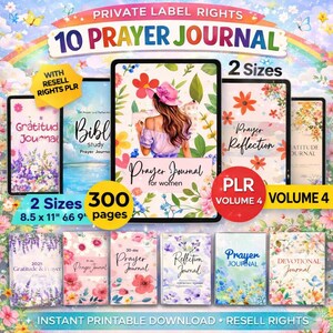 Könnte beinhalten: Eine Sammlung von zehn Gebetbüchern mit floralen Designs und dem Text "Prayer Journal" und "Gratitude Journal". Die Journale sind in zwei Größen erhältlich, 21,6 x 27,9 cm und 16,8 x 22,9 cm, mit 300 Seiten. Das Bild enthält auch den Text "Private Label Rights".