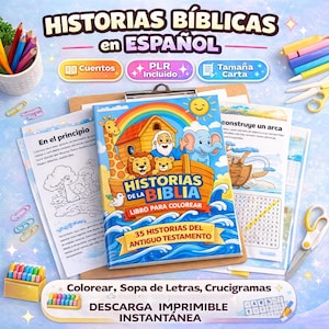 Op de afbeelding: Een Spaanstalig kleurboek getiteld "HISTORIAS DE LA BIBLIA" (Verhalen uit de Bijbel) met een kleurrijke illustratie van de Ark van Noach. Het boek bevat kleurplaten, woordzoekers en kruiswoordpuzzels.