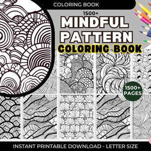 Puede incluir: Un libro para colorear en blanco y negro con el texto "MINDFUL PATTERN COLORING BOOK" y "1500+ PAGES". El libro presenta varios patrones y diseños intrincados, con un diseño circular a la izquierda. Se ven lápices de colores.