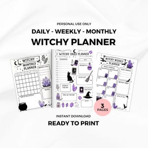 Può includere: Un set di tre planner stampabili a tema stregoneria, con layout giornalieri, settimanali e mensili. Ogni planner presenta un design in bianco e nero con accenti di cristallo viola, un gatto nero e simboli stregoneschi.