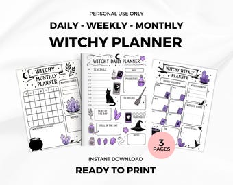 Witchy Planner, Daily, Weekly, Monthly  Page, Instant Download, PDF, Digital Use, Grimoire