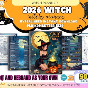 Puede incluir: Un planificador de brujas digital para 2026 con temática de brujas. La portada presenta una bruja, un caldero y calabazas bajo la luna llena. Incluye una rueda del zodiaco, un índice y páginas de planificación semanal. Descarga imprimible instantánea, tamaño carta, con 50 páginas.