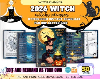 2026 Witchy Planner, 50-Page Hyperlinked Digital Grimoire, Moon Calendar, Tarot Journal, Astrology Planner, PLR, Resell, Canva Editable