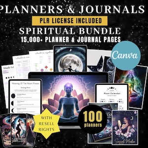 Puede incluir: Un paquete de productos digitales que incluye 100 planificadores y más de 15.000 páginas de planificadores y diarios con un tema espiritual. La imagen muestra una variedad de páginas de planificadores digitales con ilustraciones de lunas, estrellas y chakras. También se puede ver el texto "PLR License Included" y "With Resell Rights".