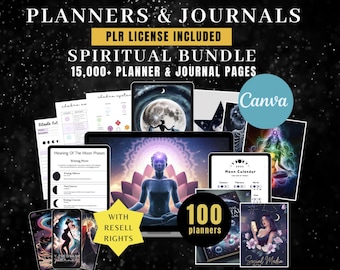 May include: A digital product bundle featuring 100 planners and 15,000+ planner and journal pages with a spiritual theme. The image shows a variety of digital planner pages with illustrations of moons, stars, and chakras. The text "PLR License Included" and "With Resell Rights" is also visible.