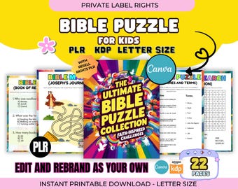 PLR Bible Puzzle Book: Canva Editable Christian Games for Kid Preschool Worksheet Christian Game Word Search Bible Quiz Maze Sunday School