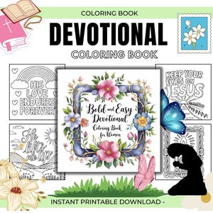 以下が含まれることがあります： 花柄のデザインと「Bold and Easy Devotional Coloring Book for Women」というタイトルの塗り絵。この本には、花、蝶、そしてインスピレーションを与える引用の画像がいくつか含まれています。