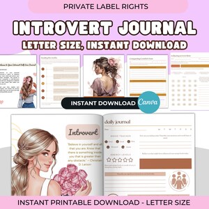 May include: An introvert journal with a letter size, instant download. The cover features a woman with a pink bow and a quote. Inside pages include a mood tracker and energy levels. The journal is available for instant printable download.