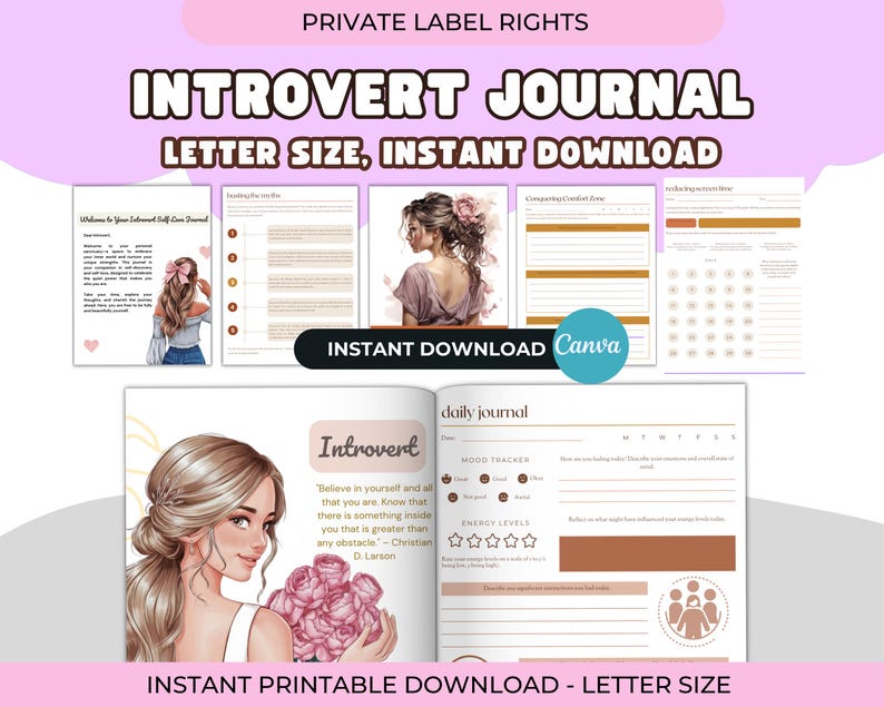 May include: An introvert journal with a letter size, instant download. The cover features a woman with a pink bow and a quote. Inside pages include a mood tracker and energy levels. The journal is available for instant printable download.
