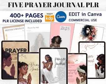 PLR Prayer Journal Bundle for Black Girl for KDP Interior Editable Template 5 Journals, Printable Bible Scripture Prayer Digital Planner MRR
