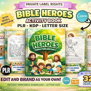 May include: An image of a "Bible Heroes Activity Book" with the text "Explore Faith with Colors!" The cover shows illustrations of Jesus and children. The image also includes the text "Private Label Rights" and "Instant Printable Download - Letter Size".