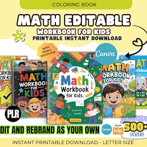 Könnte beinhalten: Eine Sammlung farbenfroher Mathe-Arbeitshefte für Kinder, mit Illustrationen von Kindern und pädagogischen Grafiken. Die Cover zeigen den Text "MATH WORKBOOK FOR KIDS" und "EDITABLE". Das Bild enthält auch den Text "PRINTABLE INSTANT DOWNLOAD".