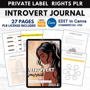 May include: A digital journal cover with a colorful illustration of a woman with long black hair and a white shirt. The text "INTROVERT journal" is in the center of the image. The journal is designed for introverts and includes 27 pages. The journal is available for commercial use and includes a PLR license.