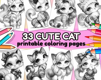 Süße Katzen Malseiten, 33 entzückende Designs, lustige Aktivität für Kinder & Erwachsene, Kawaii Meow Life Katzenliebhaber, Malbuch, sofortiger Download