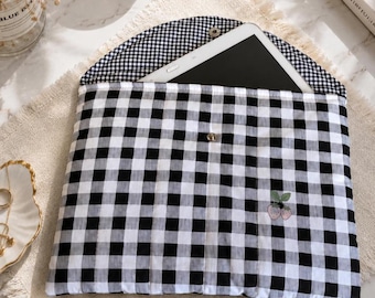 Quilted iPad / Tablet Sleeve for iPad Air & Pro, Black Gingham Fabric, Padded Cotton Case