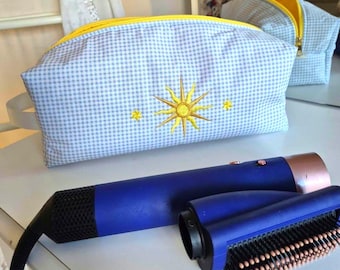 Sun Embroidered Hair Tool Bag, Blue Gingham Cotton Travel Organizer