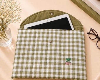 Quilted iPad / Tablet Sleeve - Sage Green Gingham Fabric, Padded Cotton Case with Snap Closure