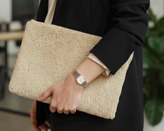 Beige Sherpa Laptop Sleeve - Padded Protective Computer Cover