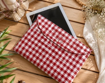 Quilted iPad / Tablet Sleeve - Red Gingham Fabric, Padded Cotton Case with Snap Closure