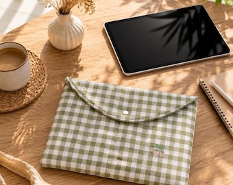Quilted iPad / Tablet Sleeve - Sage Green Gingham Fabric, Padded Cotton Case with Snap Closure