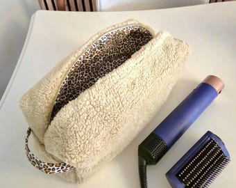 Beige Sherpa Dyson Airwrap Bag – XXL Leopard Lined Makeup Organizer