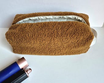 Brown Teddy Sherpa Hair Tool Bag, Quilted Travel Organizer