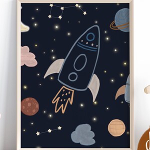 Hand drawn Rocket Ship Wall Art – Outer Space Printable Decor; Galaxy Nursery Poster – Space Theme Kids Room Art; DIGITAL DOWNLOAD