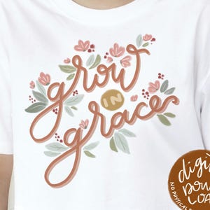 Clipart PNG dessiné à la main Grandir dans la grâce ; Art floral chrétien avec inscription manuscrite ; Citation biblique inspirante ; TÉLÉCHARGEMENT NUMÉRIQUE