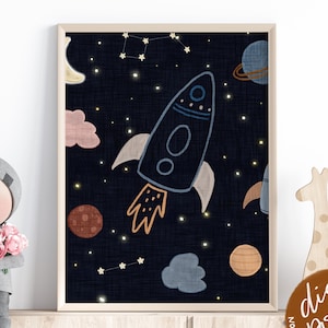 Hand drawn Rocket Ship Wall Art with linen texture effect; Outer Space Printable Decor; Galaxy Nursery Poster; DIGITAL DOWNLOAD