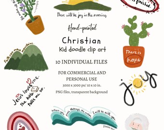 Handgetekende Christian Kid doodle clipart; schattige kindvriendelijke illustraties; Christelijk geïnspireerd; Bemoedigende geschriften; DIGITALE DOWNLOAD