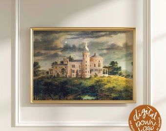 Väggkonst i vintagestil med slott | Medeltida gotisk slottsmålning | Heminredning med historisk arkitektur | Tryck av slott i antik stil; DIGITAL NEDLADDNING