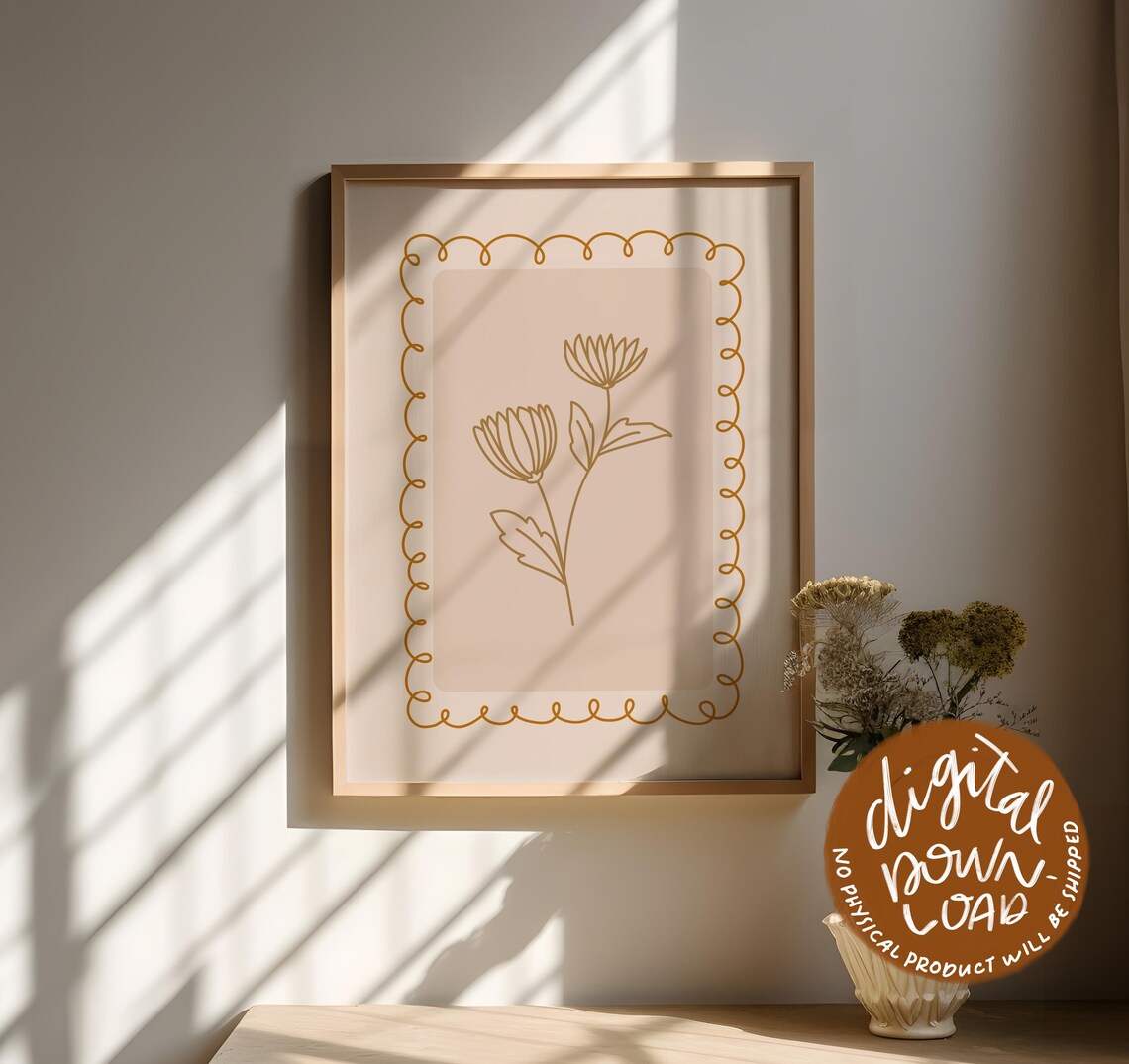 Minimalist Flower Line Art Print • Neutral Floral Wall Art • Boho ...