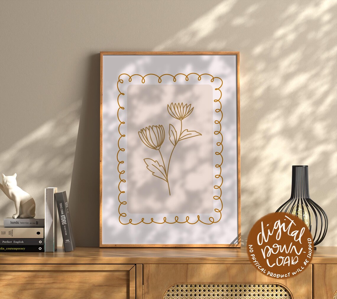 Minimalist Flower Line Art Print • Neutral Floral Wall Art • Boho ...