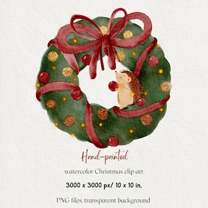 Guirlanda de Natal em aquarela com clipart de ouriço fofo; ouriço fofo em aquarela; arquivo PNG para uso comercial e pessoal; DOWNLOAD DIGITAL