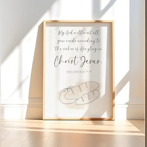 Puede incluir: Una impresión de pared blanca imprimible con un dibujo de línea en blanco y negro de pan y el texto "My God will meet all your needs according to the riches of His glory in Christ Jesus. Philippians 4:19"