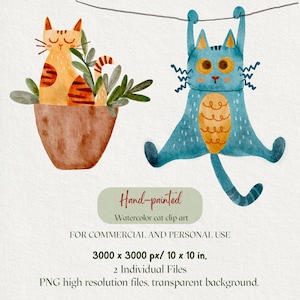 Puede incluir: Dos ilustraciones de acuarela de gatos. Un gato está sentado en una maceta de terracota con hojas verdes. El otro gato está colgado boca abajo con las patas en el aire. Ambos gatos tienen ojos amarillos y están pintados a mano.
