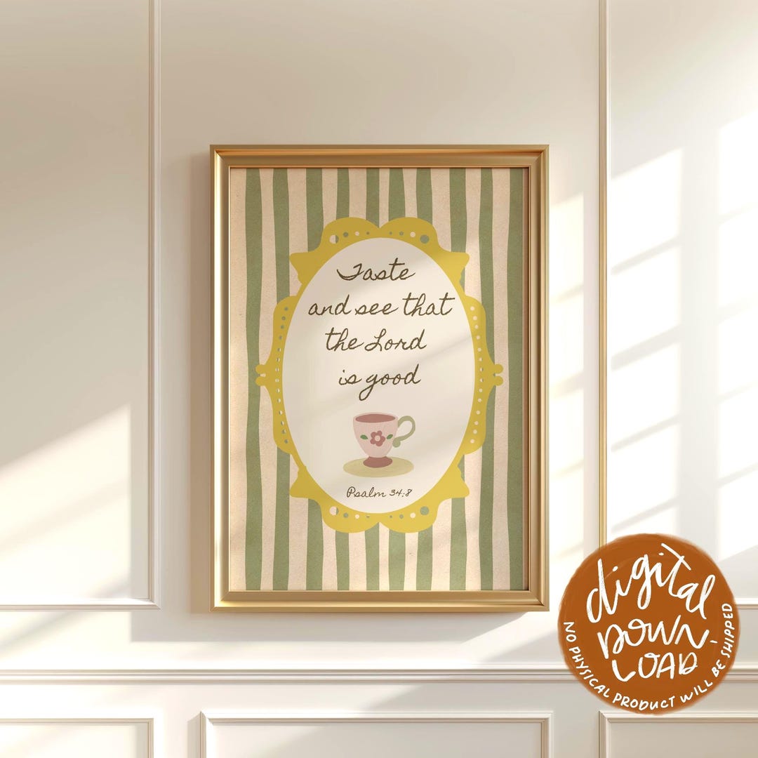 Scripture Tea Cups Vintage Tea Cup Bible Verse Wall Art - Psalm 34:8 Scripture Printable ...