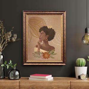 Black Woman Digital Art; Afro Boho Chic Wall Print; Gold Accents Home Decor; Neutral Beige Art; Curly Hair; Boho Feminine; DIGITAL DOWNLOAD