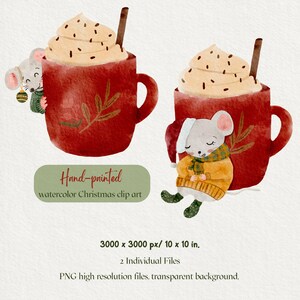 Hand drawn Watercolor Christmas Mouse illustration clip art for commercial and personal use; Cute mouse with mug; DIGITAL DOWNLOAD