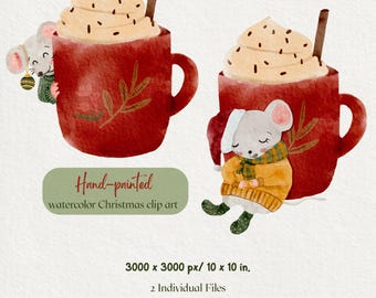 Handgetekende aquarel kerstmuis illustratie illustraties voor commercieel en persoonlijk gebruik; Leuke muis met mok; DIGITALE DOWNLOAD